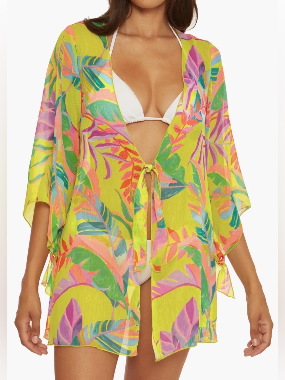 BECCA Tropical Floral Kimono Cover Up XS Sheer Resort Beach Vacation